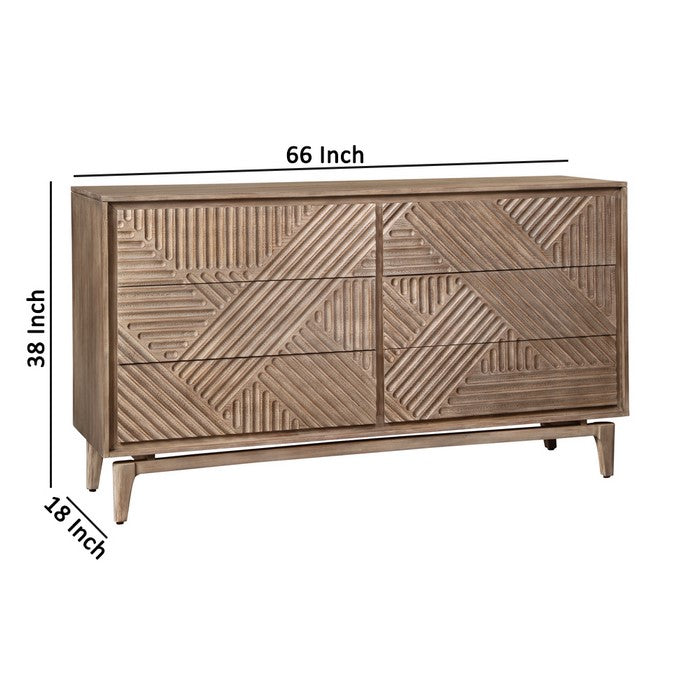 6 Drawer Transitional Dresser with Geometrical Engraving, Brown
