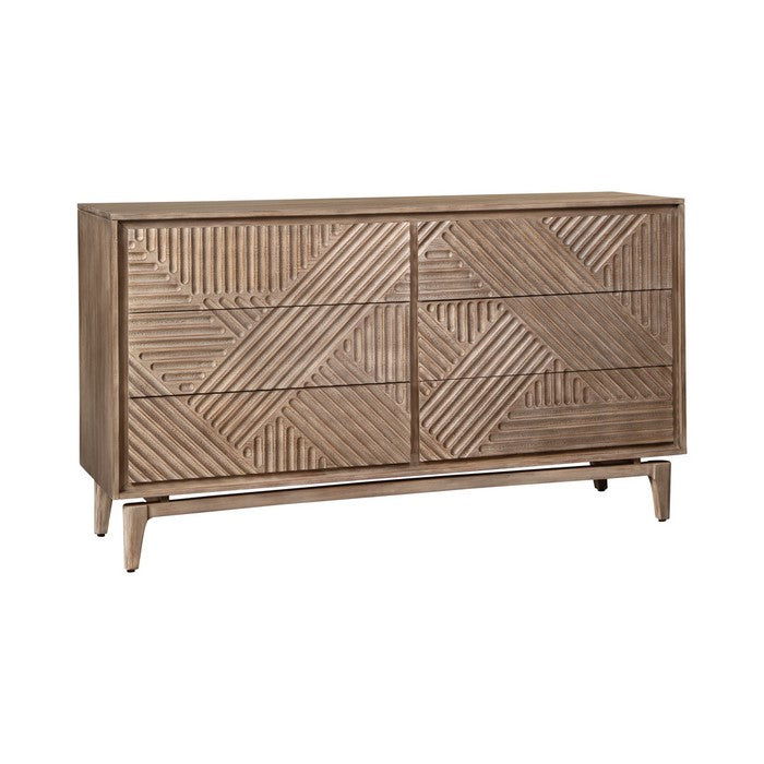 6 Drawer Transitional Dresser with Geometrical Engraving, Brown