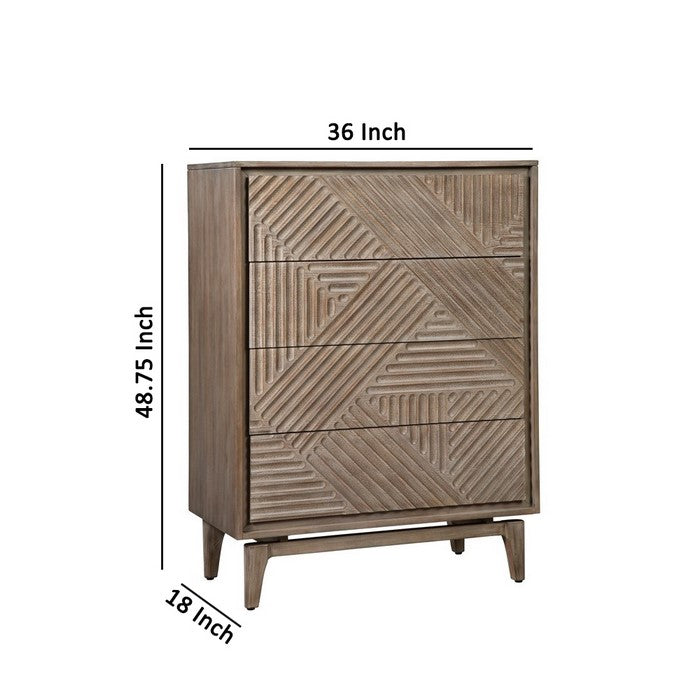 4 Drawer Transitional Chest with Geometrical Engraving, Brown