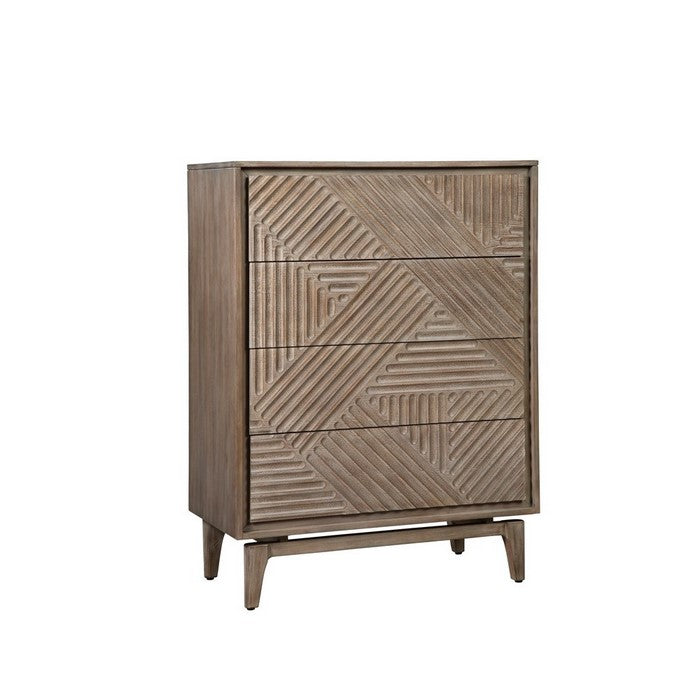4 Drawer Transitional Chest with Geometrical Engraving, Brown