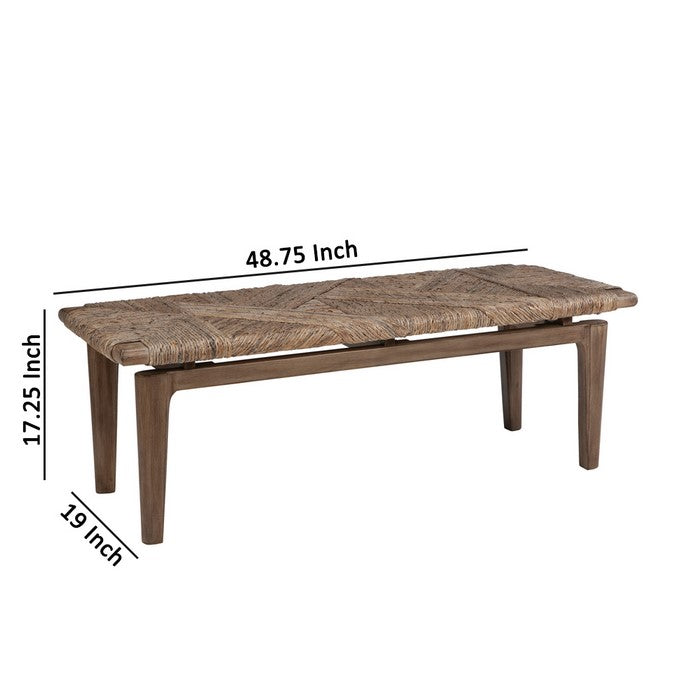 Transitional Style Wooden Bench with Handwoven Top, Brown