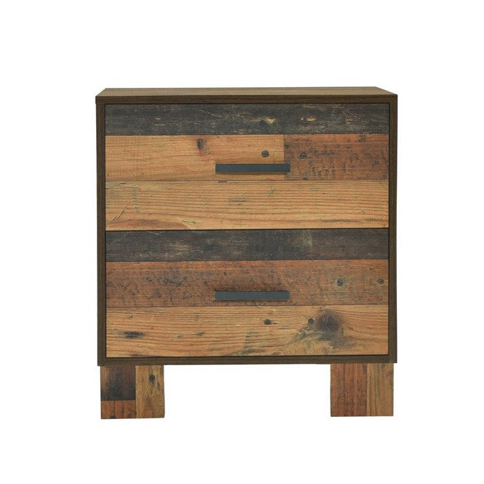 2 Drawer Rustic Nightstand with Nails and Grain Details, Dark Brown