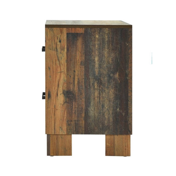 2 Drawer Rustic Nightstand with Nails and Grain Details, Dark Brown