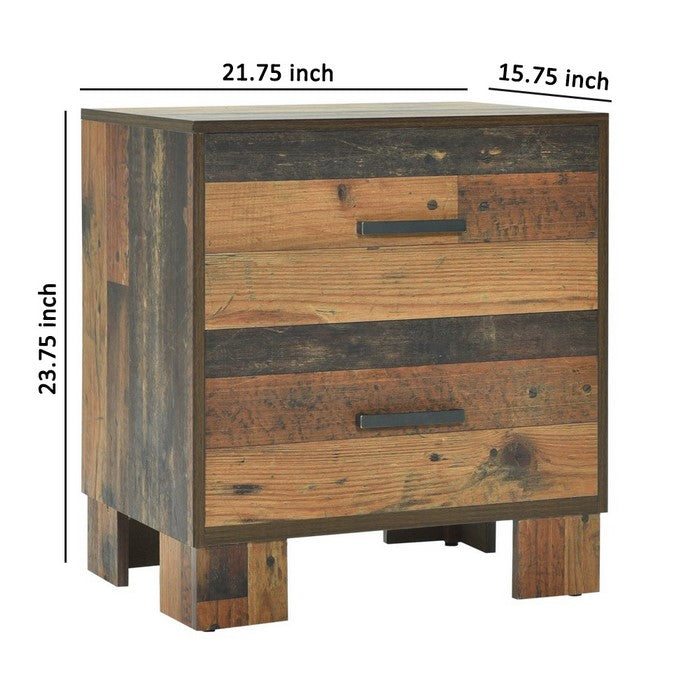 2 Drawer Rustic Nightstand with Nails and Grain Details, Dark Brown