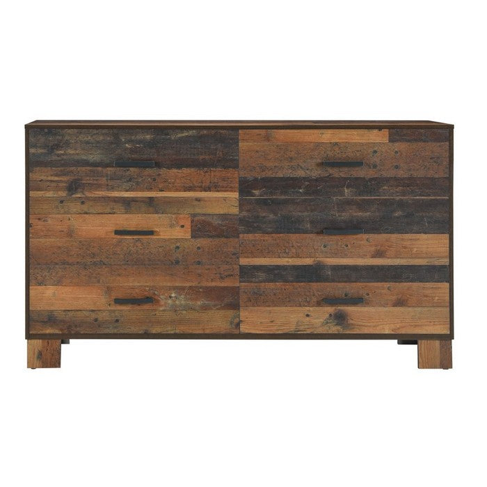 6 Drawer Rustic Dresser with Nails and Grain Details, Dark Brown