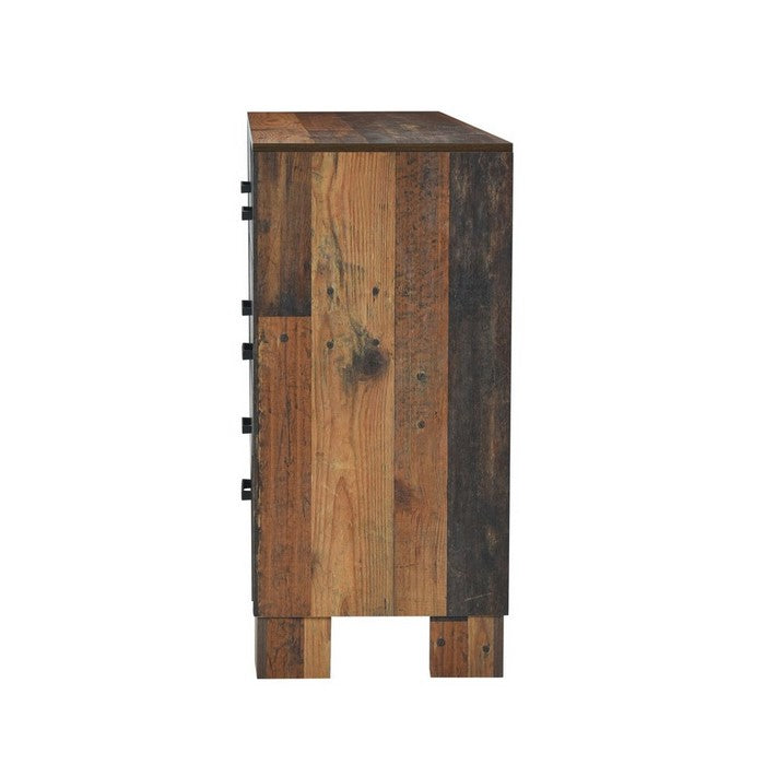 6 Drawer Rustic Dresser with Nails and Grain Details, Dark Brown