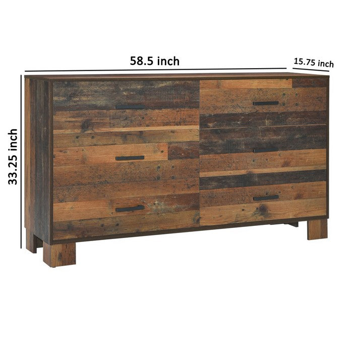 6 Drawer Rustic Dresser with Nails and Grain Details, Dark Brown