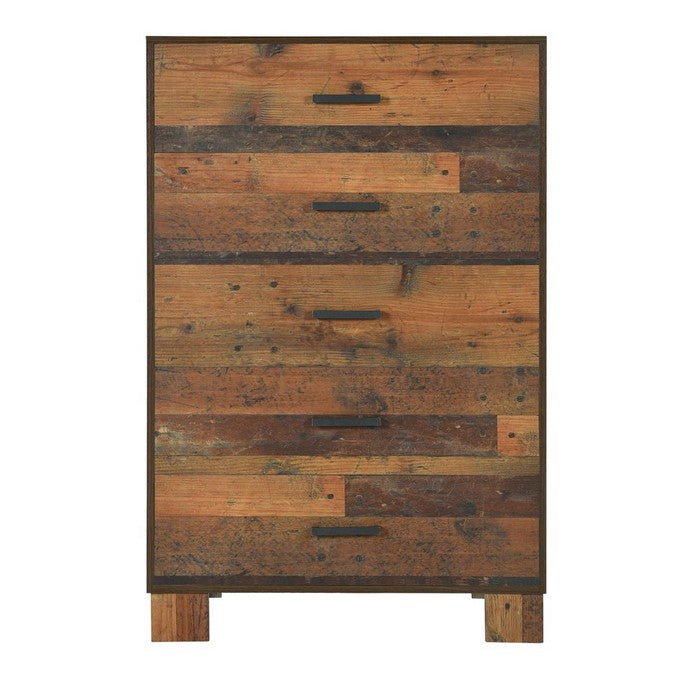 5 Drawer Rustic Chest with Nails and Grain Details, Dark Brown