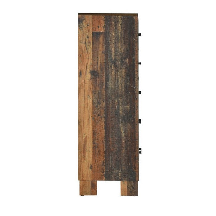5 Drawer Rustic Chest with Nails and Grain Details, Dark Brown