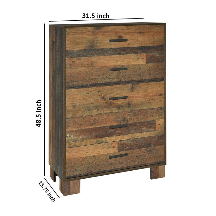 5 Drawer Rustic Chest with Nails and Grain Details, Dark Brown