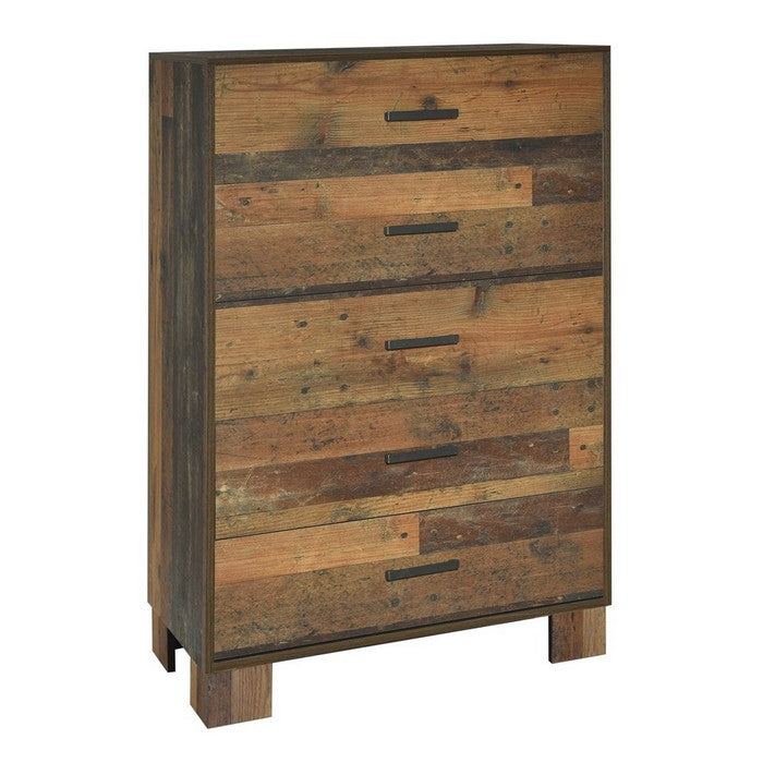 5 Drawer Rustic Chest with Nails and Grain Details, Dark Brown