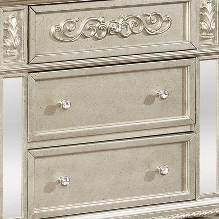 3 Drawers Nightstand with Ornate Carving and USB Ports, Silver