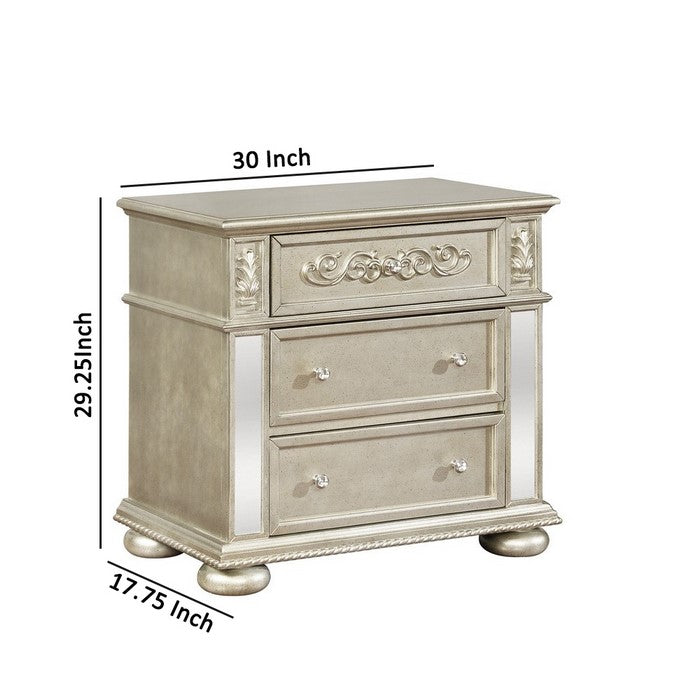 3 Drawers Nightstand with Ornate Carving and USB Ports, Silver