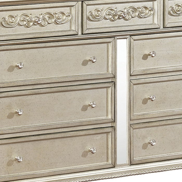 9 Drawers Dresser with Ornate Carving and Bun Feet Support, Silver