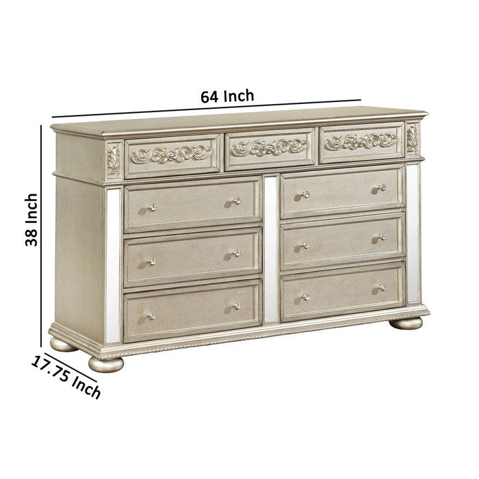 9 Drawers Dresser with Ornate Carving and Bun Feet Support, Silver