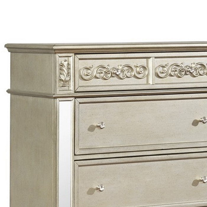 5 Drawers Vertical Chest with Ornate Carving and Mirror Accents, Silver