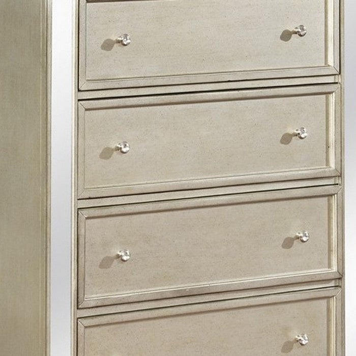 5 Drawers Vertical Chest with Ornate Carving and Mirror Accents, Silver