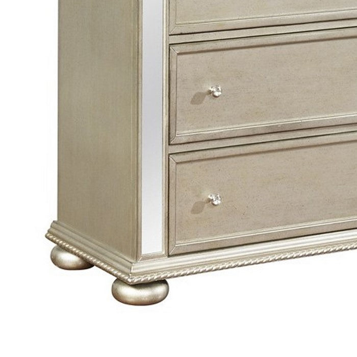 5 Drawers Vertical Chest with Ornate Carving and Mirror Accents, Silver