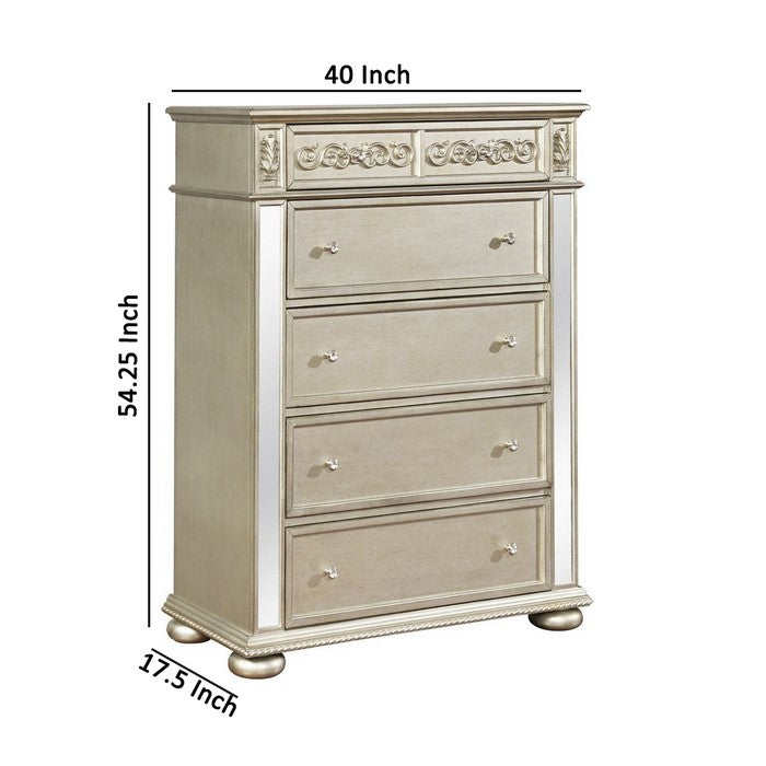 5 Drawers Vertical Chest with Ornate Carving and Mirror Accents, Silver