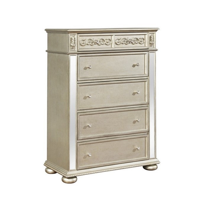 5 Drawers Vertical Chest with Ornate Carving and Mirror Accents, Silver