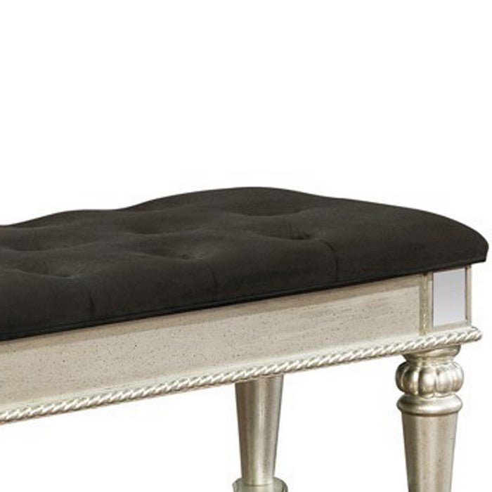 Button Tufted Fabric Bench with Mirror Accents and Turned Legs, Silver