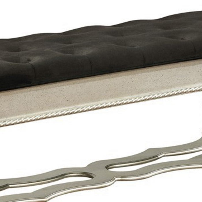 Button Tufted Fabric Bench with Mirror Accents and Turned Legs, Silver