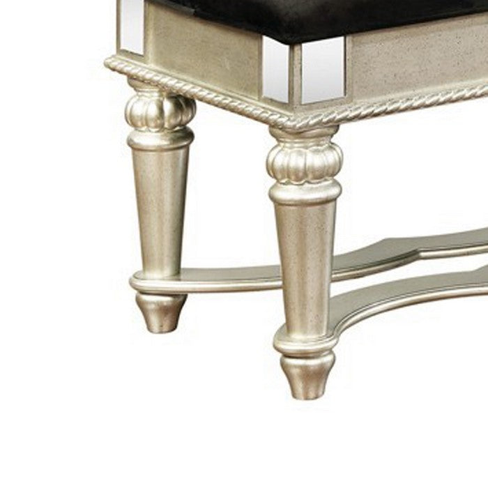 Button Tufted Fabric Bench with Mirror Accents and Turned Legs, Silver