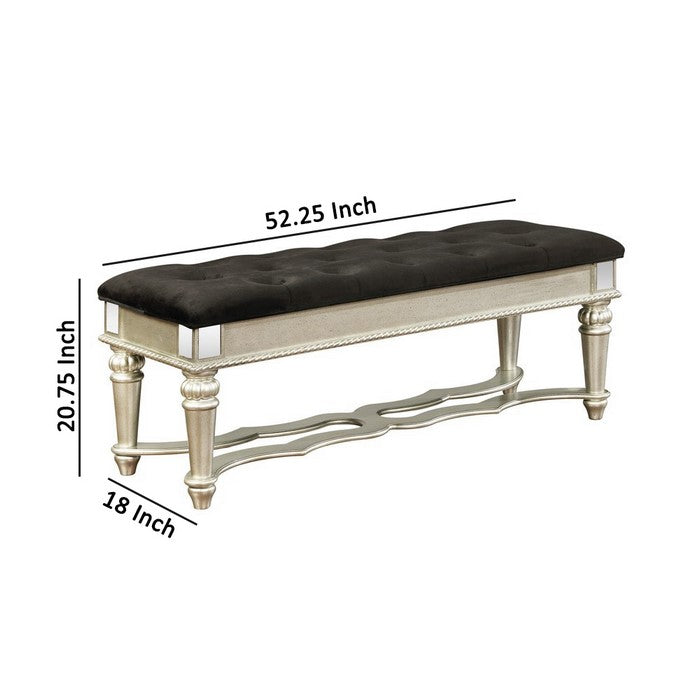 Button Tufted Fabric Bench with Mirror Accents and Turned Legs, Silver