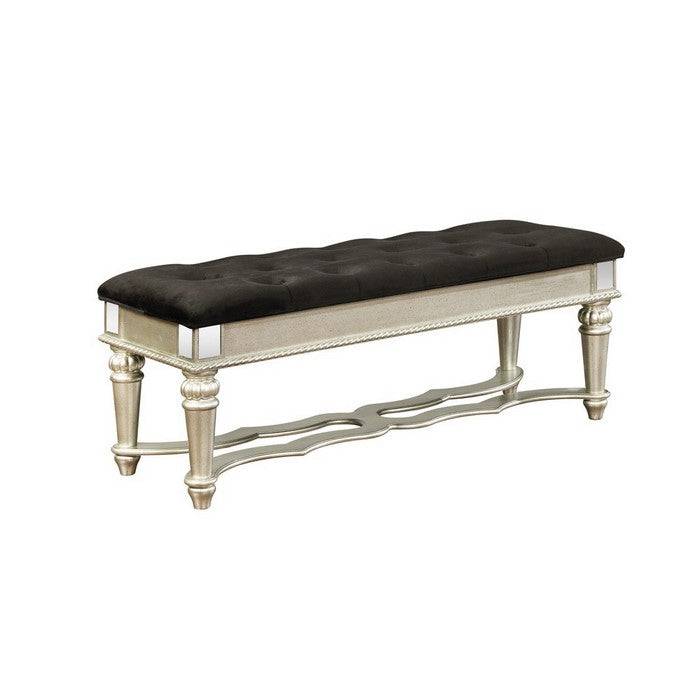 Button Tufted Fabric Bench with Mirror Accents and Turned Legs, Silver