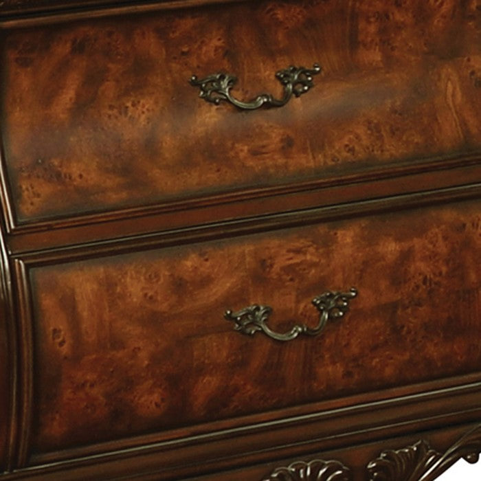 Bombe Shaped Nightstand with Carving and Molded Details, Cherry Brown