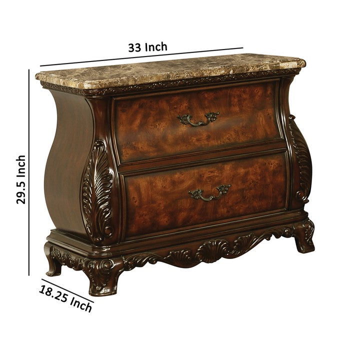 Bombe Shaped Nightstand with Carving and Molded Details, Cherry Brown