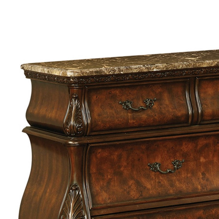 Bombe Shaped Dresser with Carving and Molded Details, Cherry Brown
