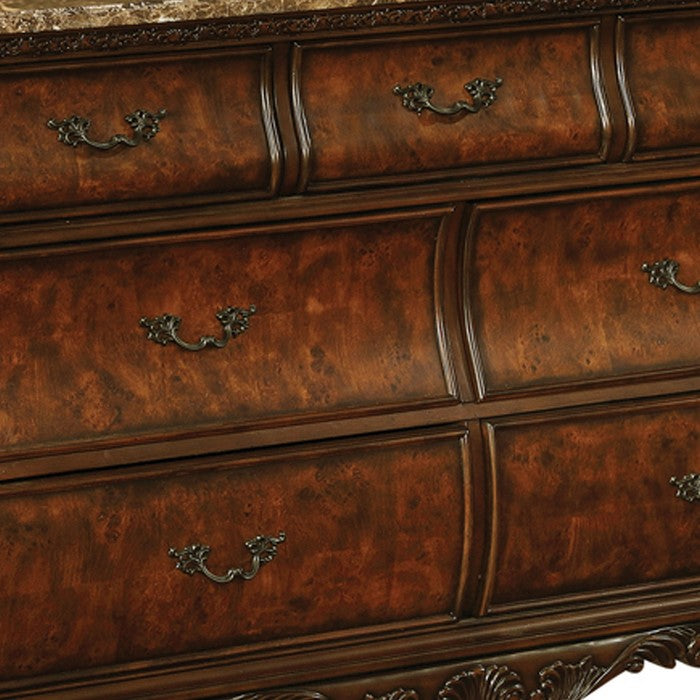 Bombe Shaped Dresser with Carving and Molded Details, Cherry Brown