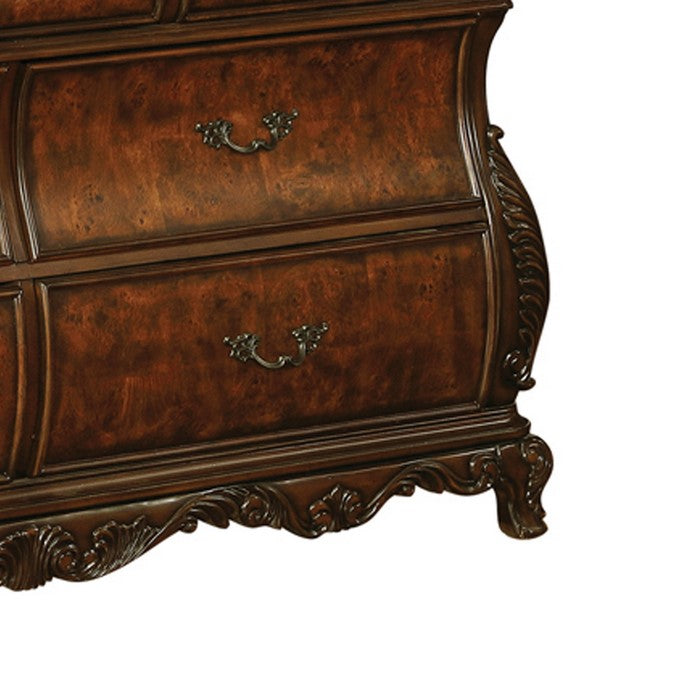 Bombe Shaped Dresser with Carving and Molded Details, Cherry Brown