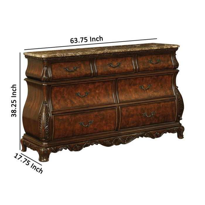 Bombe Shaped Dresser with Carving and Molded Details, Cherry Brown