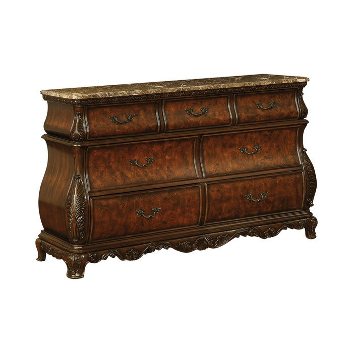 Bombe Shaped Dresser with Carving and Molded Details, Cherry Brown