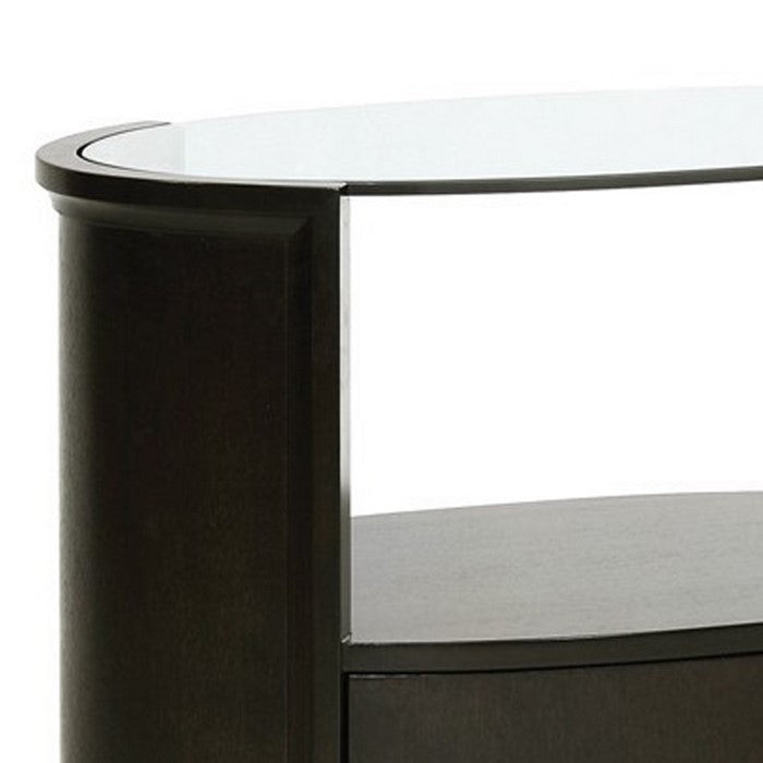 1 Drawer Oval Shaped Glass Top Nightstand with Open Compartment, Dark Brown
