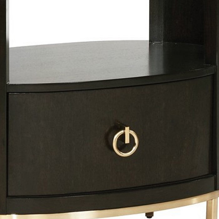 1 Drawer Oval Shaped Glass Top Nightstand with Open Compartment, Dark Brown