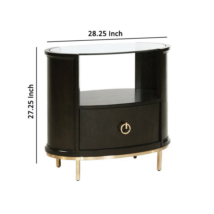1 Drawer Oval Shaped Glass Top Nightstand with Open Compartment, Dark Brown