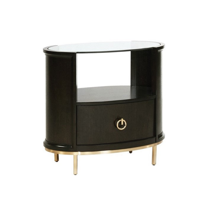 1 Drawer Oval Shaped Glass Top Nightstand with Open Compartment, Dark Brown