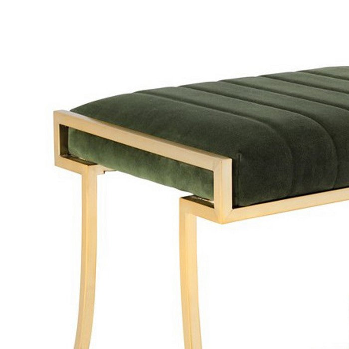 Channel Tufted Fabric Vanity Stool with Metal Legs, Green and Gold
