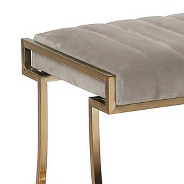 Channel Tufted Fabric Vanity Stool with Metal Legs, Gray and Gold