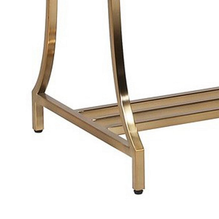 Channel Tufted Fabric Vanity Stool with Metal Legs, Gray and Gold
