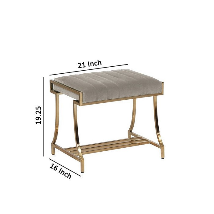 Channel Tufted Fabric Vanity Stool with Metal Legs, Gray and Gold