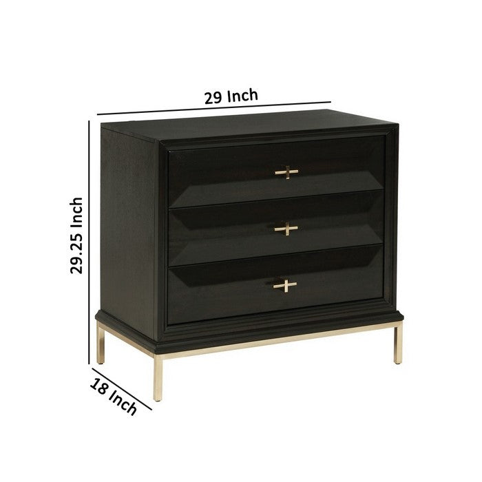 3 Drawer Nightstand with Cross Pulls and Sleek Metal Legs, Brown