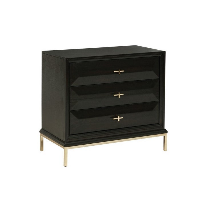3 Drawer Nightstand with Cross Pulls and Sleek Metal Legs, Brown