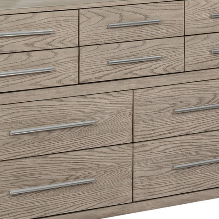 10 Drawer Dresser with Grain Details and Sled Base, Oak Brown