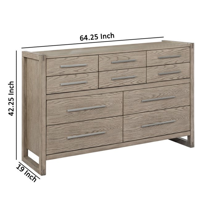 10 Drawer Dresser with Grain Details and Sled Base, Oak Brown