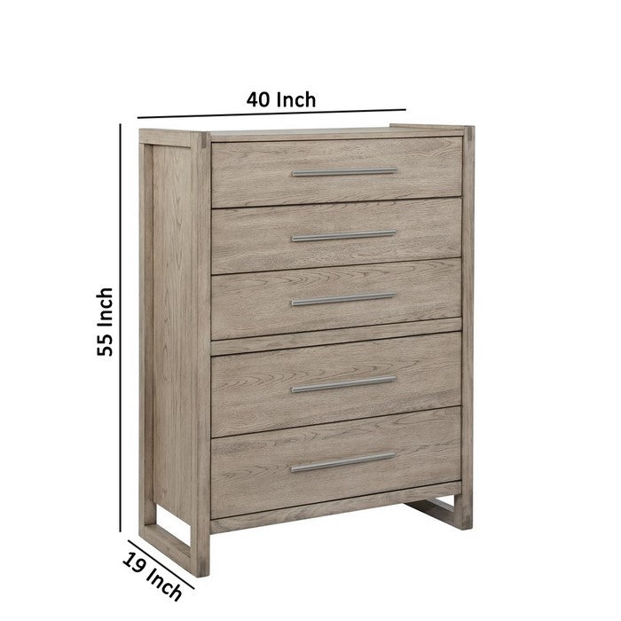 5 Drawer Vertical Chest with Wood Grain Details and Sled Base, Oak Brown