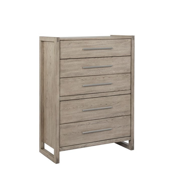 5 Drawer Vertical Chest with Wood Grain Details and Sled Base, Oak Brown